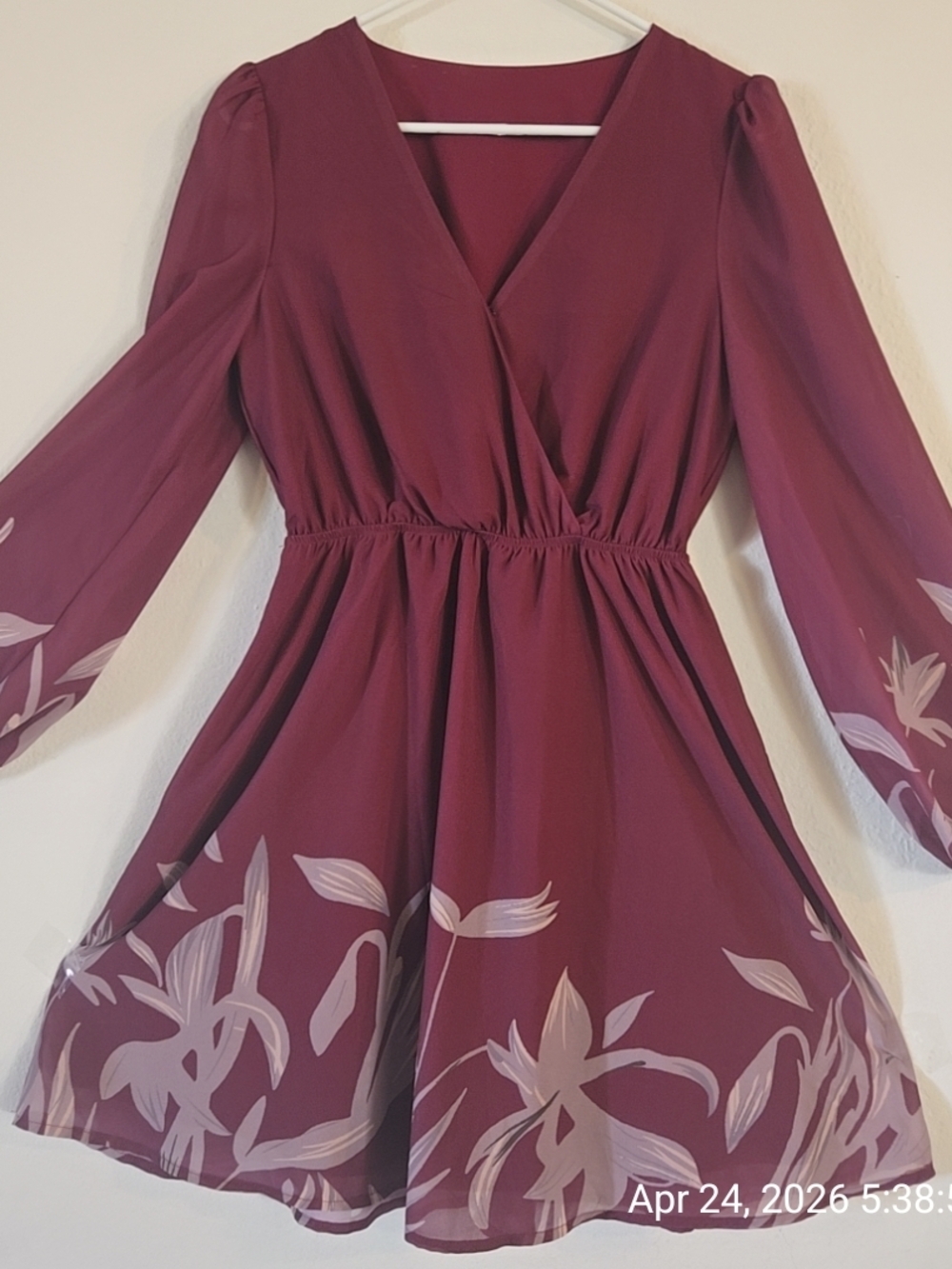 Women's Burgundy Floral Print V-Neck Wrap Dress